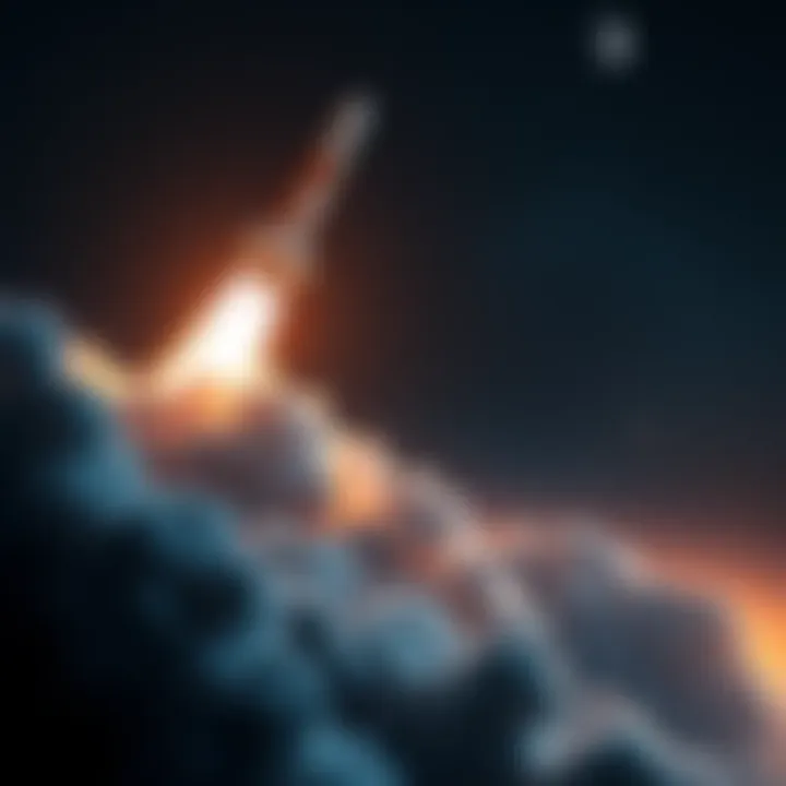 A rocket launches into space carrying satellites for the Spacecoin project.