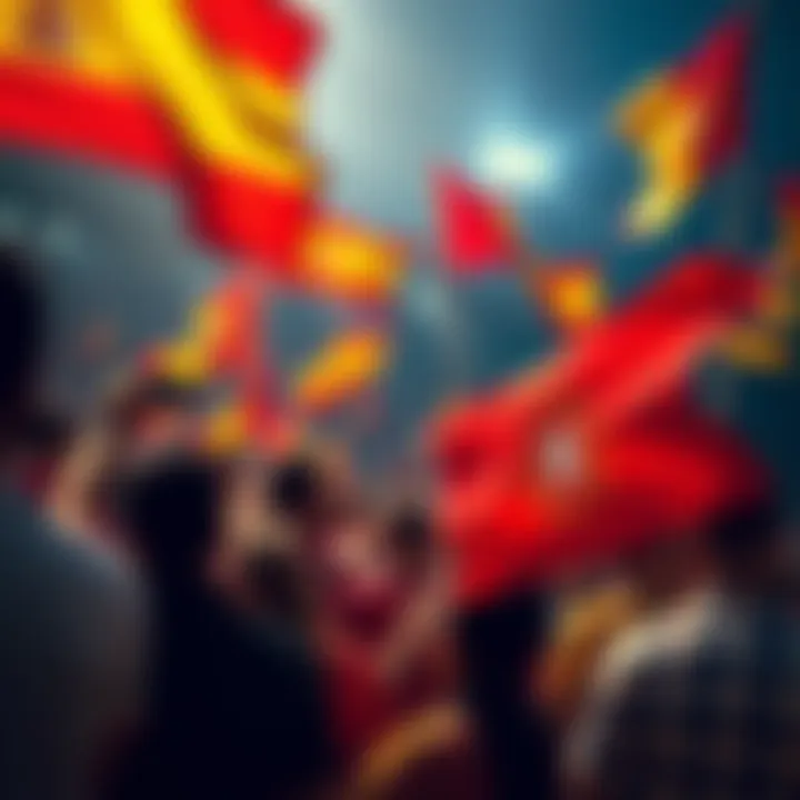 Fans gather with flags for the Iberian Derby between Spain and Portugal, showcasing team colors and excitement.
