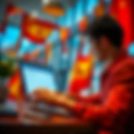 A person researching bank options on a laptop with Spanish flags in the background, focusing on bank account information.