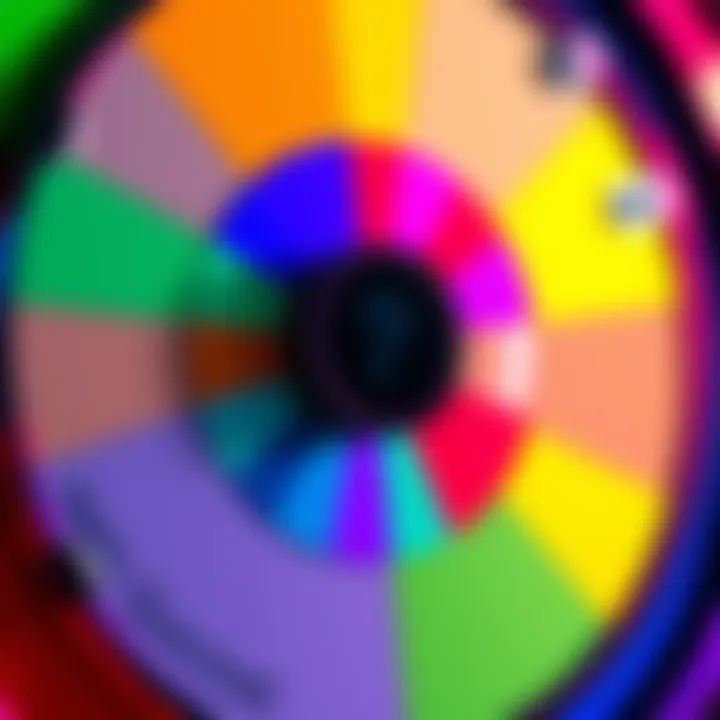 A close-up view of a colorful spinner wheel featuring a large question mark at the top, indicating a help option for users.
