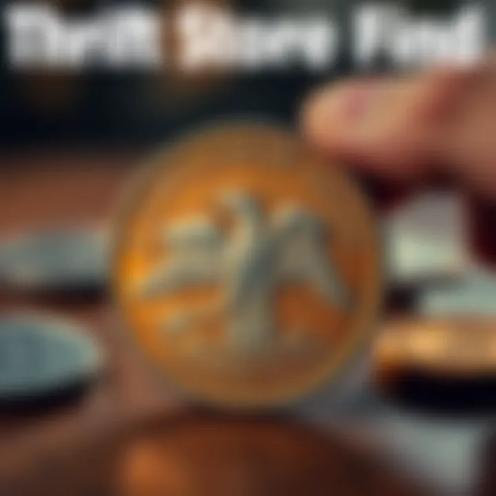 A close-up view of a spitting eagle coin displayed on a wooden table, with a hand examining it for details.