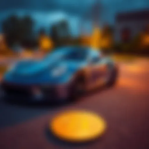 A sleek sports car parked beside a Bitcoin logo on the ground, representing a costly investment mistake.