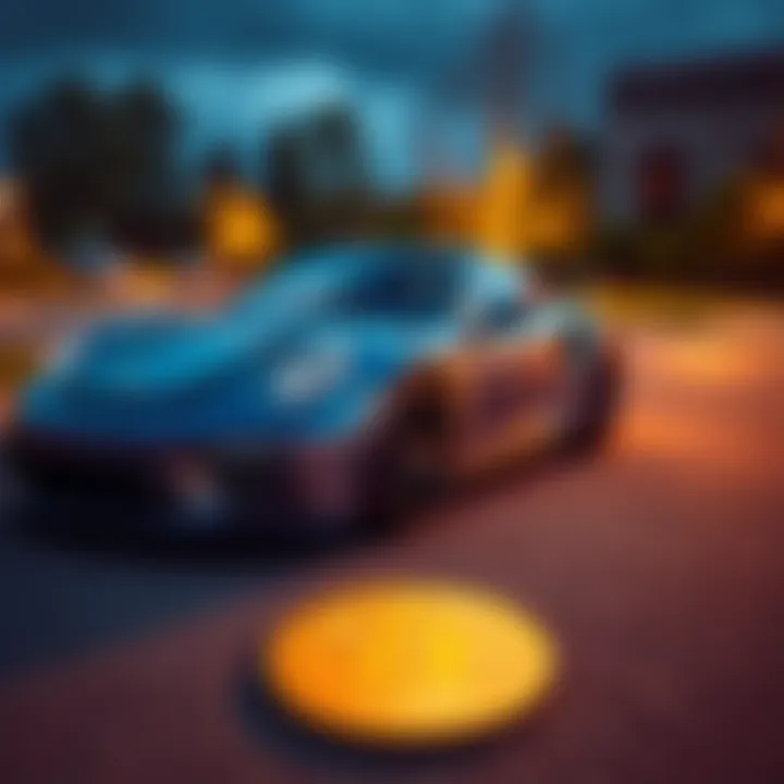 A sleek sports car parked beside a Bitcoin logo on the ground, representing a costly investment mistake.