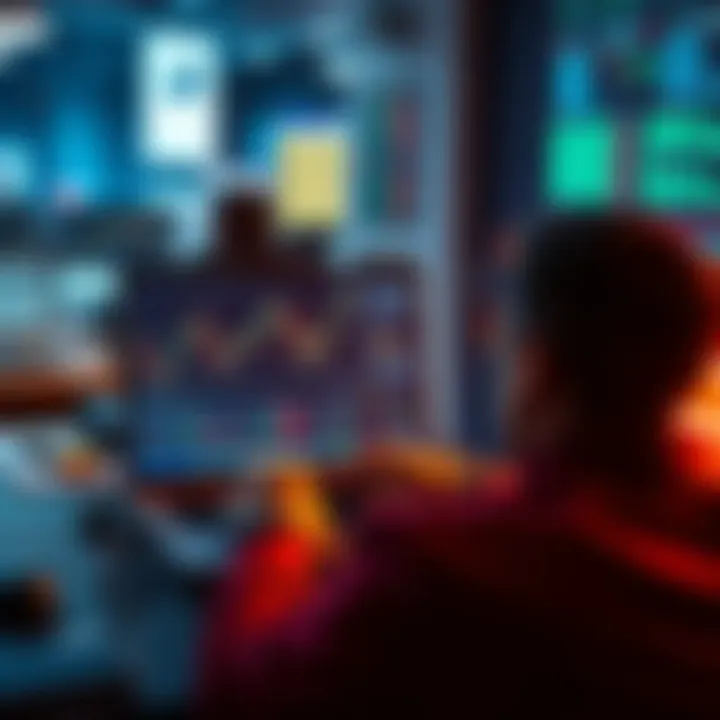 A person watching trading videos on a laptop with charts on the screen