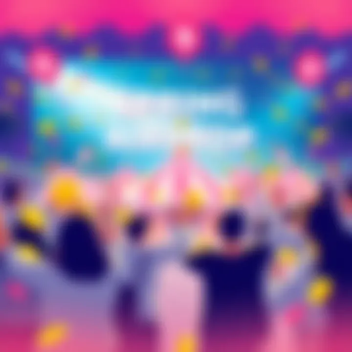 Celebration graphic showing people sharing rewards in a lively setting with USDT symbols and excitement