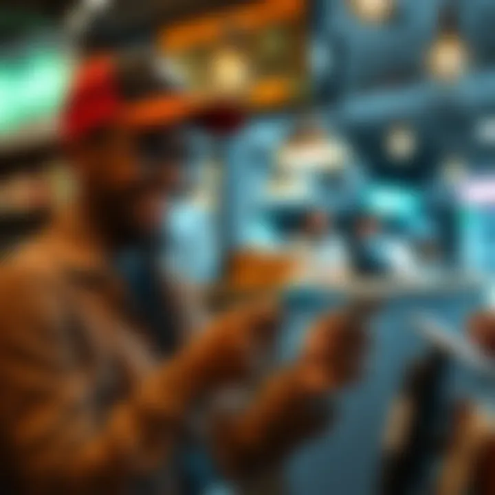 Square Bitcoin Payment Acceptance A small business owner smiling while accepting Bitcoin payments on a mobile device with the Square app, showing a seamless transaction process.