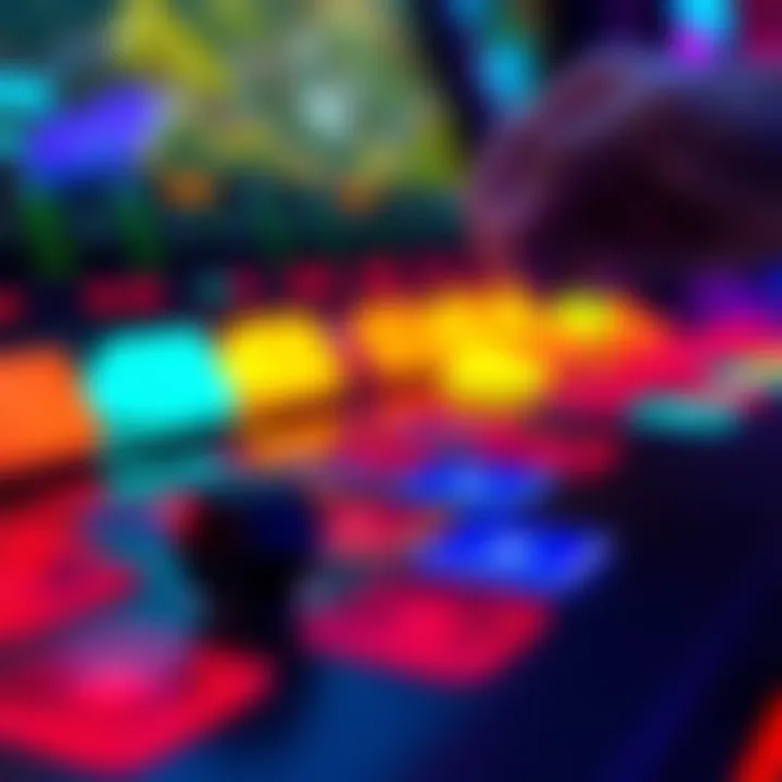 A close-up view of colorful game squares, symbolizing investment in gaming for earnings, with a hand holding a joystick in the background.