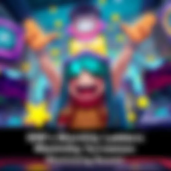 A cheerful character in a gaming environment celebrating finishing the monthly ladder with maxed-out boosts, surrounded by colorful graphics symbolizing success and relaxed gameplay.