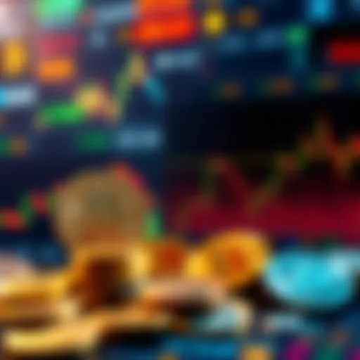 A graphic showing stable coins alongside fluctuating cryptocurrency graphs, highlighting the contrast in stability and volatility.