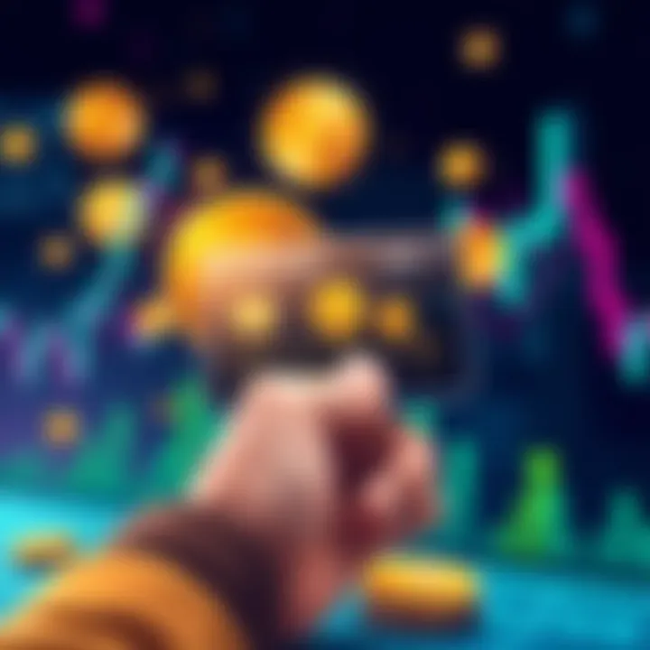 Illustration of a person using a stablecoin card for transactions, with digital coins and financial graphs in the background.