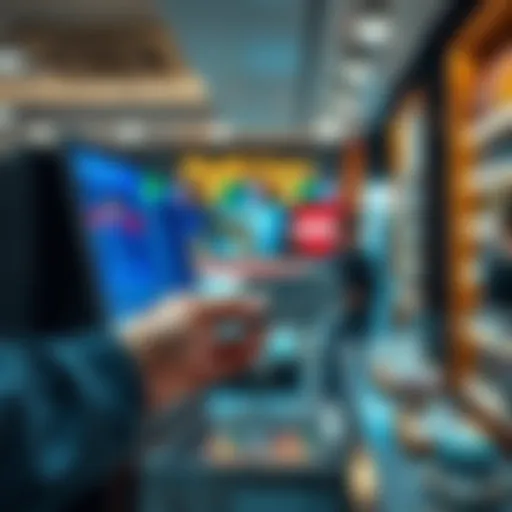 A person using a stablecoin card at a merchant counter while a digital transaction is displayed on a screen.