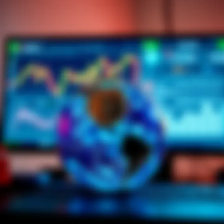 A graphic showing a globe with digital coins representing stablecoins in the foreground and financial tools like QuickBooks on a computer screen in the background.