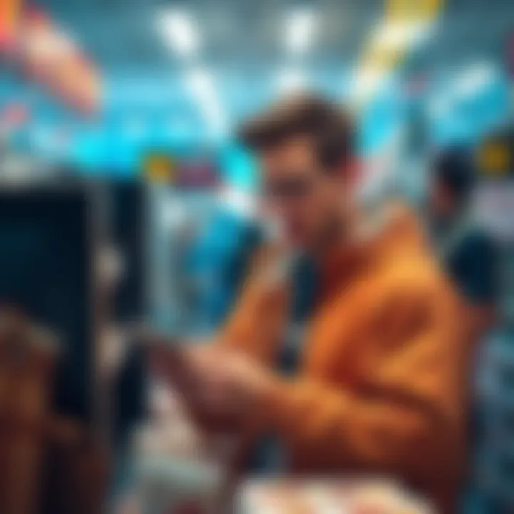 A person trying to make a purchase with stablecoins at a store, looking confused by payment options, bills, and digital wallet on their phone.