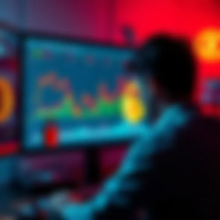 Person looking at a computer screen displaying stablecoin graphs and security icons, surrounded by coins and a hardware wallet.