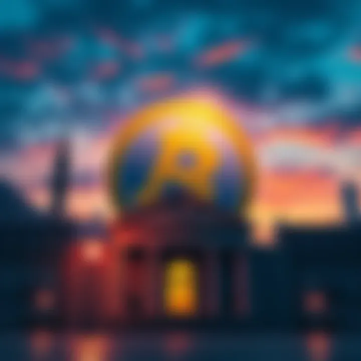 Illustration of a stablecoin symbol with traditional bank buildings in the background, showing the contrast between crypto and banking.