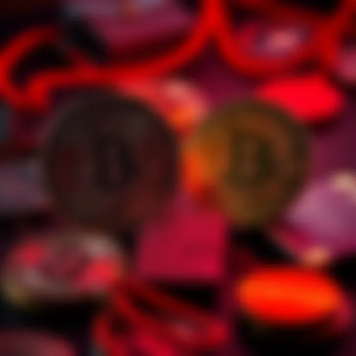 A representation of stablecoins like Tether and Circle being used in illicit transactions, with visual elements indicating risk and scrutiny, like caution symbols and wallet freezes.