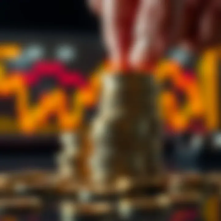 Stacking Sats in Low Market A person stacking coins labeled as satoshis, symbolizing investment in cryptocurrency during low prices.
