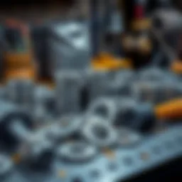 Stainless steel washers for cold storage A collection of stainless steel washers on a workbench, showcasing their durability for cold storage applications, with tools like a mallet nearby for stamping techniques.