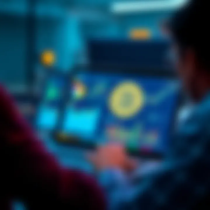 A person analyzing Bitcoin options on a laptop, with graphs and charts on the screen showing risks and rewards of BTC staking.
