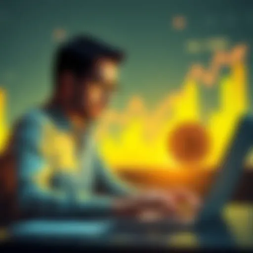 A person analyzing Solana coins on a laptop with a graph showing potential rewards in the background