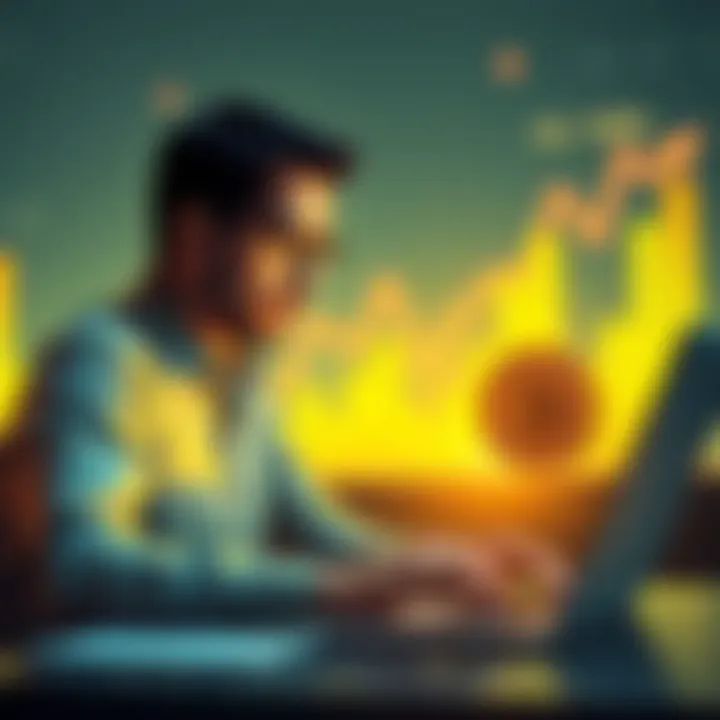 A person analyzing Solana coins on a laptop with a graph showing potential rewards in the background