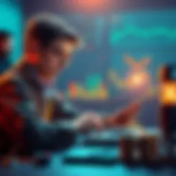 A visual representation of staking Solana, showing a small investor calculating potential earnings with a laptop and charts in the background.