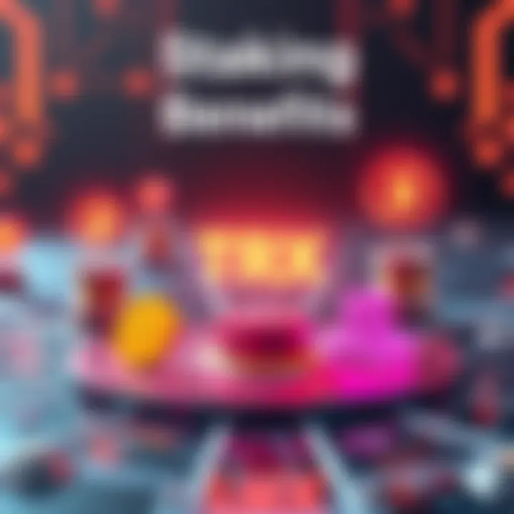 Staking TRX Benefits A graphic showing the benefits of staking TRX, featuring symbols of rewards and energy savings, with a futuristic background.