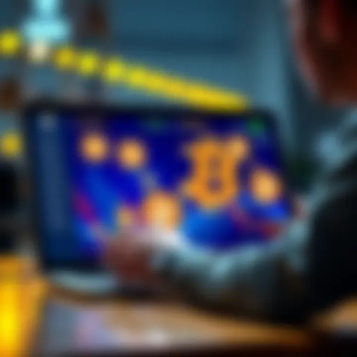 A person analyzing Bitcoin staking options on a laptop, with Bitcoin symbols displayed on the screen.
