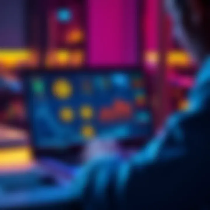 Staking Rewards Strategies A person analyzing staking rewards on a laptop, with graphics of Theta tokens and liquidity pools displayed on the screen.