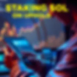 A person reviewing cryptocurrency options on a digital device, focusing on staking Sol with a 4.8% return, with graphs showing potential earnings in the background.