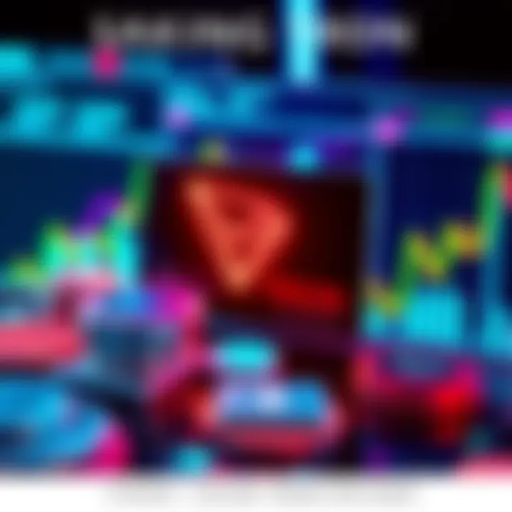 A graphic showing a person calculating potential rewards from staking Tron cryptocurrency with coins and charts in the background.