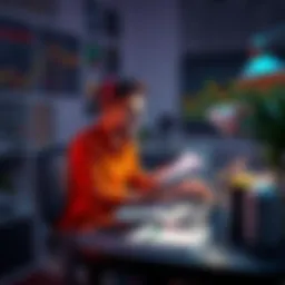 A person sitting at a desk with a laptop, looking at Bitcoin charts and notes, showing excitement about trading and learning about cryptocurrency.