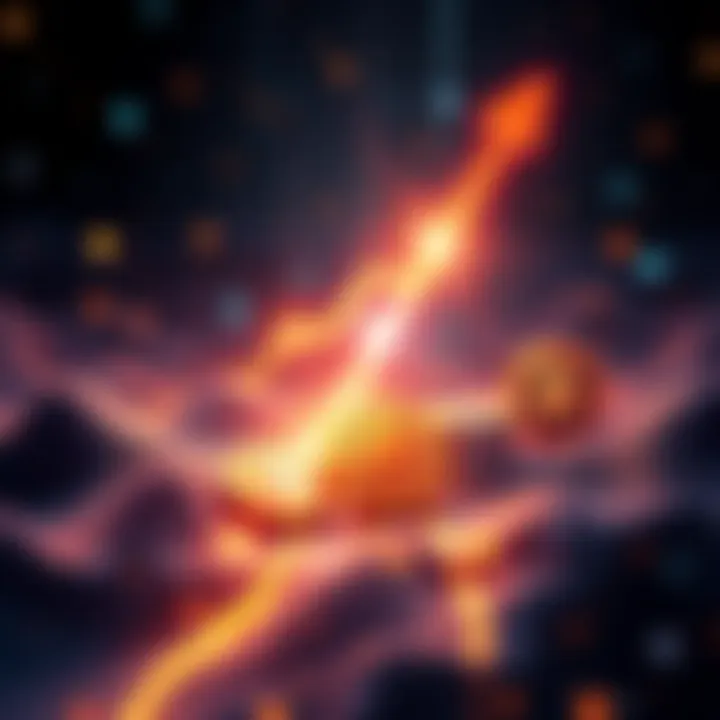 A graphic showing an upward trend in Stellar's activity, symbolizing a potential rise in XLM prices with arrows and digital currency icons.