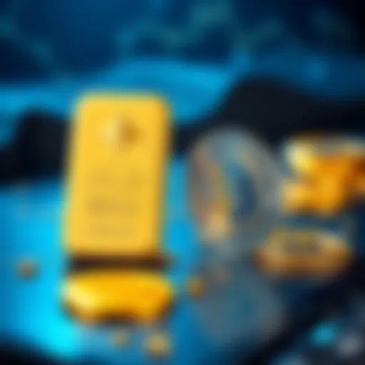 A gold bar placed next to digital representations of XLM cryptocurrency, symbolizing the connection between gold and Stellar's digital asset