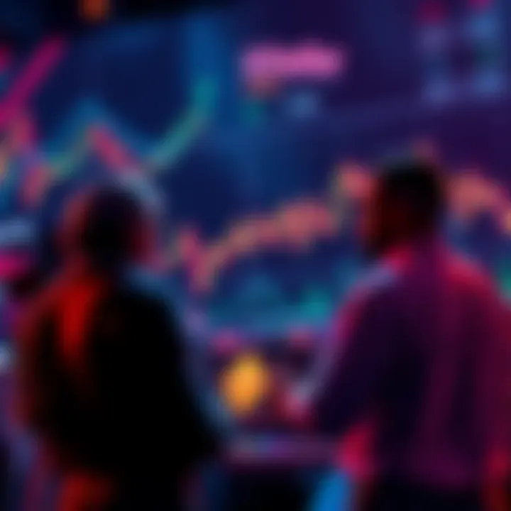 People engaging in conversation about Stellar's potential bull run with charts and graphs in the background