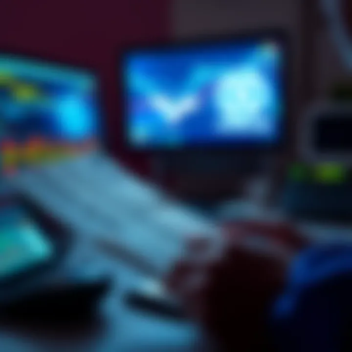 A person looking at a computer screen displaying Stellar Lumens graphics while pondering over a paper wallet with missing key digits.