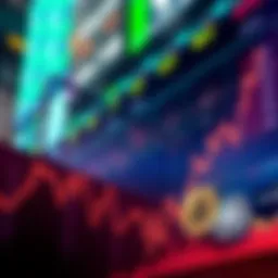 A representation of Wall Street's major indexes declining while Bitcoin rises, showing a chart with a downward trend and a separate upward trend for cryptocurrency.