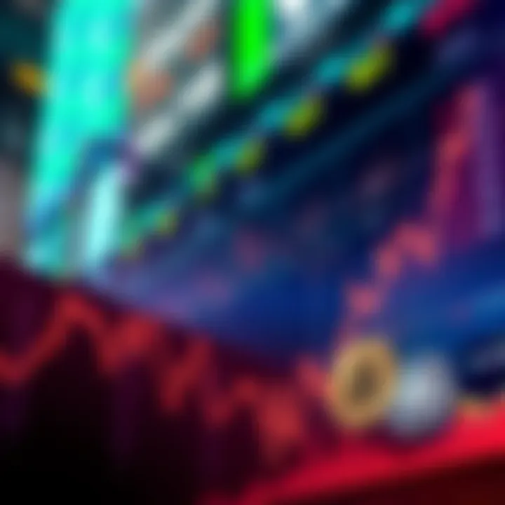 A representation of Wall Street's major indexes declining while Bitcoin rises, showing a chart with a downward trend and a separate upward trend for cryptocurrency.