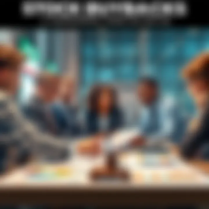 A group of diverse people discussing stock buybacks with charts and graphs on a table