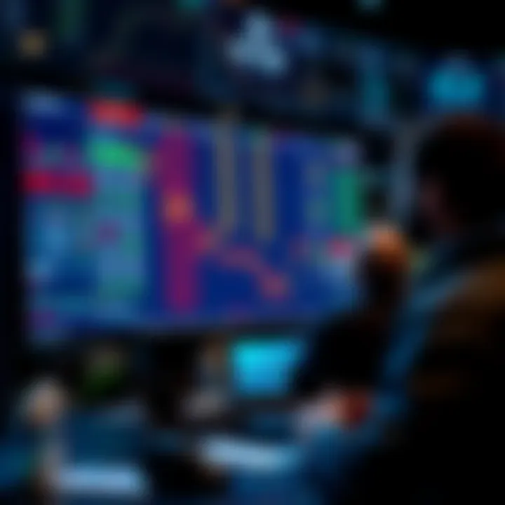 A screen displaying falling stock prices with concerned investors looking on