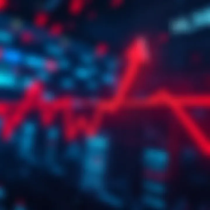 A downward trending stock market graph showing red arrows and declining values. Investors appear concerned about recent market performance.