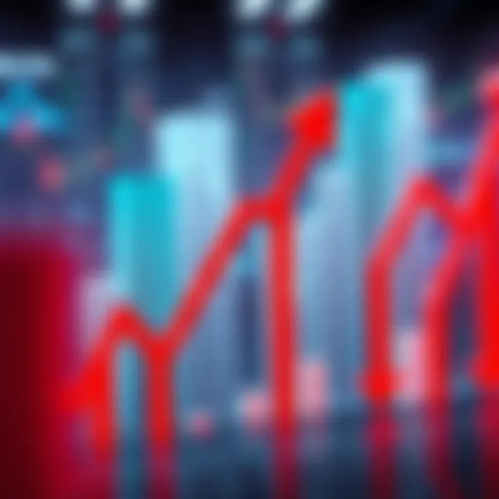 A graph showing a steep decline in stock values with red arrows pointing downwards