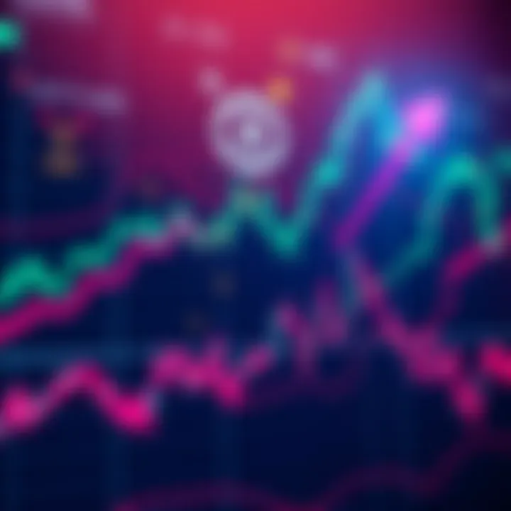 A graph showing a rising trend in the stock market, with an upward arrow and a contrasting image of a fluctuating cryptocurrency graph in the background.