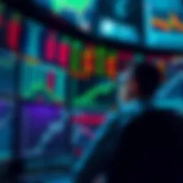 Stock market trading scene A trader monitors stock prices on multiple screens at night, surrounded by charts and data displaying market movements.