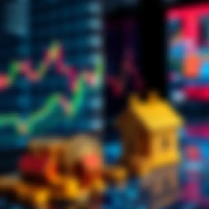 Stock Market versus Tangible Investments A split image showing a stock market graph on one side and gold coins and real estate on the other side, representing different investment options.