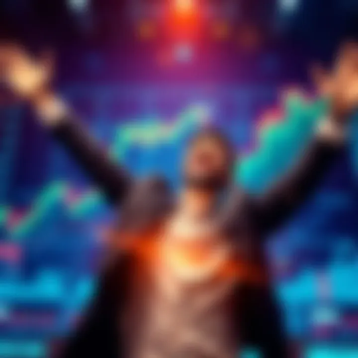 Stock Picker Celebrating Success A person joyfully celebrating three years of successful stock picking, surrounded by graphs and financial charts, symbolizing growth and achievement.
