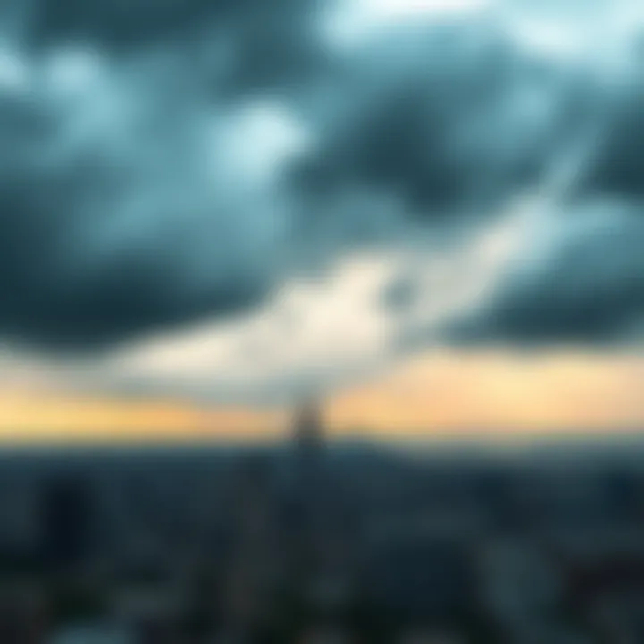 Dark storm clouds loom over a city, symbolizing change and tension in the atmosphere