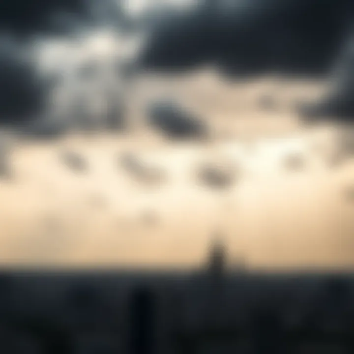 Dark clouds and strong winds over a city skyline, symbolizing uncertainty and challenges ahead