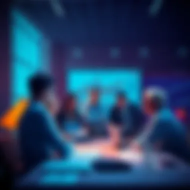 A group of people discussing strategies around a table, with charts and laptops in front of them.