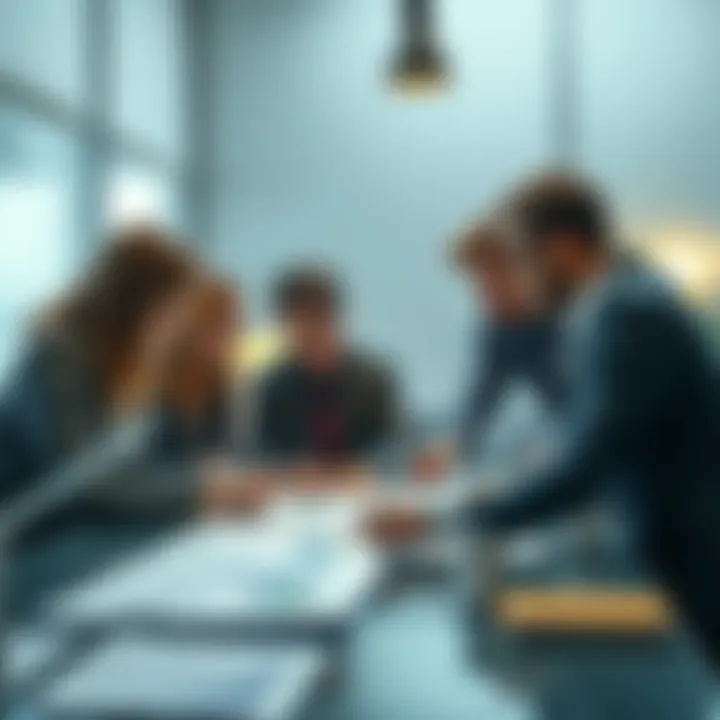 A business team discussing ways to reduce approval requests, with charts and plans on a table